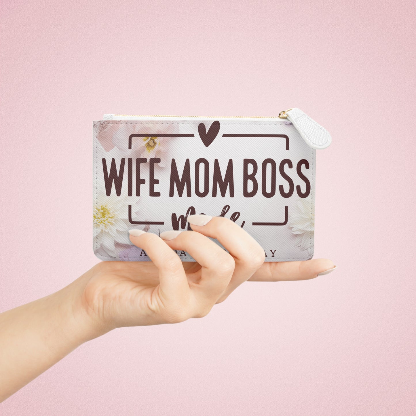wife mom boss, Mini Clutch Bag, watercolor clutch bag, Cruelty-Free Faux Leather, Vegan