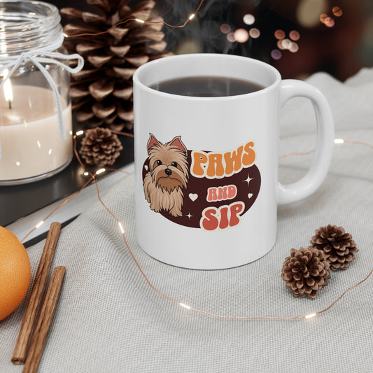 Paws and sip, yorkie mug, dog lover mug, Ceramic Mug 11oz