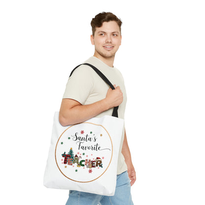 Santa's favorite teacher, Christmas teacher tote bag