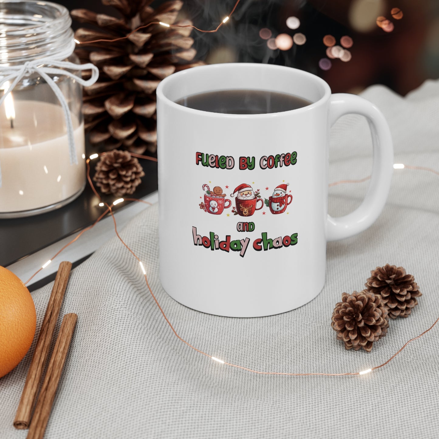 Fueled by coffee and holiday chaos, funny christmas mug