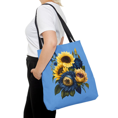 Sunflower Tote Bag, colorful sunflowers, blue and yellow sunflower tote bag