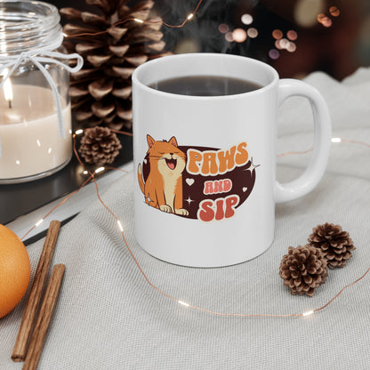 Paws and sip, cat mug, cat lover mug, Ceramic Mug 11oz