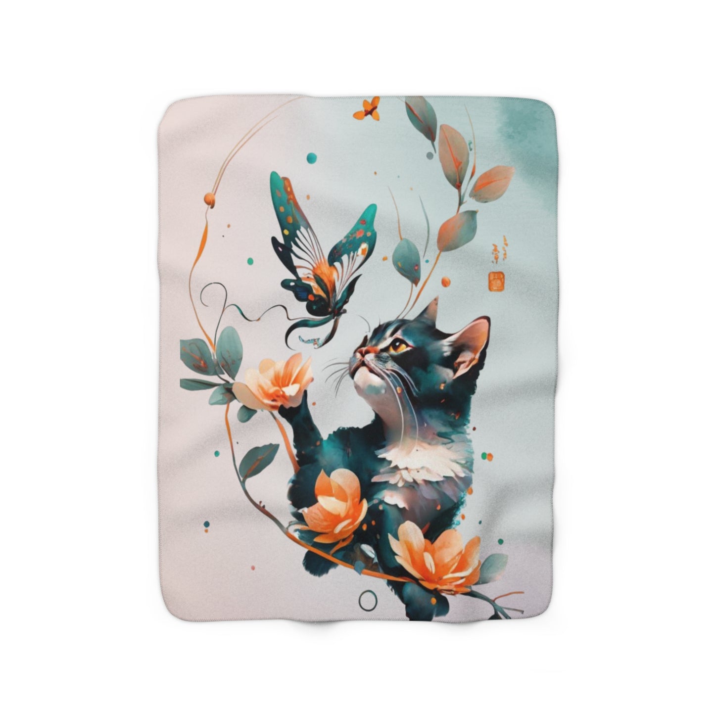 Beautiful Cat sherpa Plush Blanket, Watercolor kitten blanket, floral cat and butterfly, 3d cat blanket, sherpa blanket