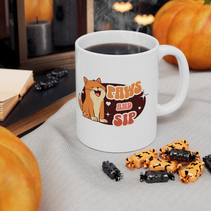 Paws and sip, cat mug, cat lover mug, Ceramic Mug 11oz