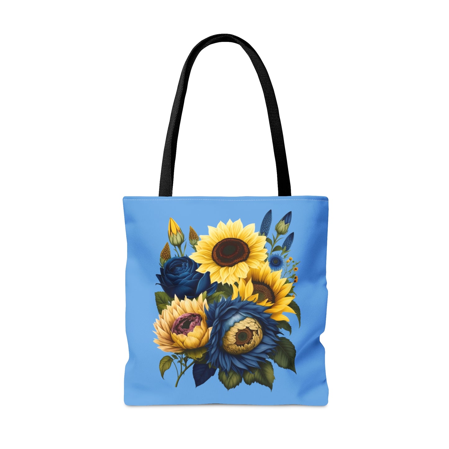 Sunflower Tote Bag, colorful sunflowers, blue and yellow sunflower tote bag