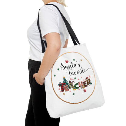 Santa's favorite teacher, Christmas teacher tote bag