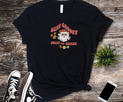 Stay groovy jolly and bright, groovy santa, retro santa shirt