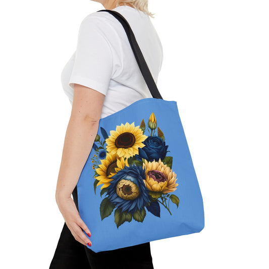 Sunflower Tote Bag, colorful sunflowers, blue and yellow sunflower tote bag