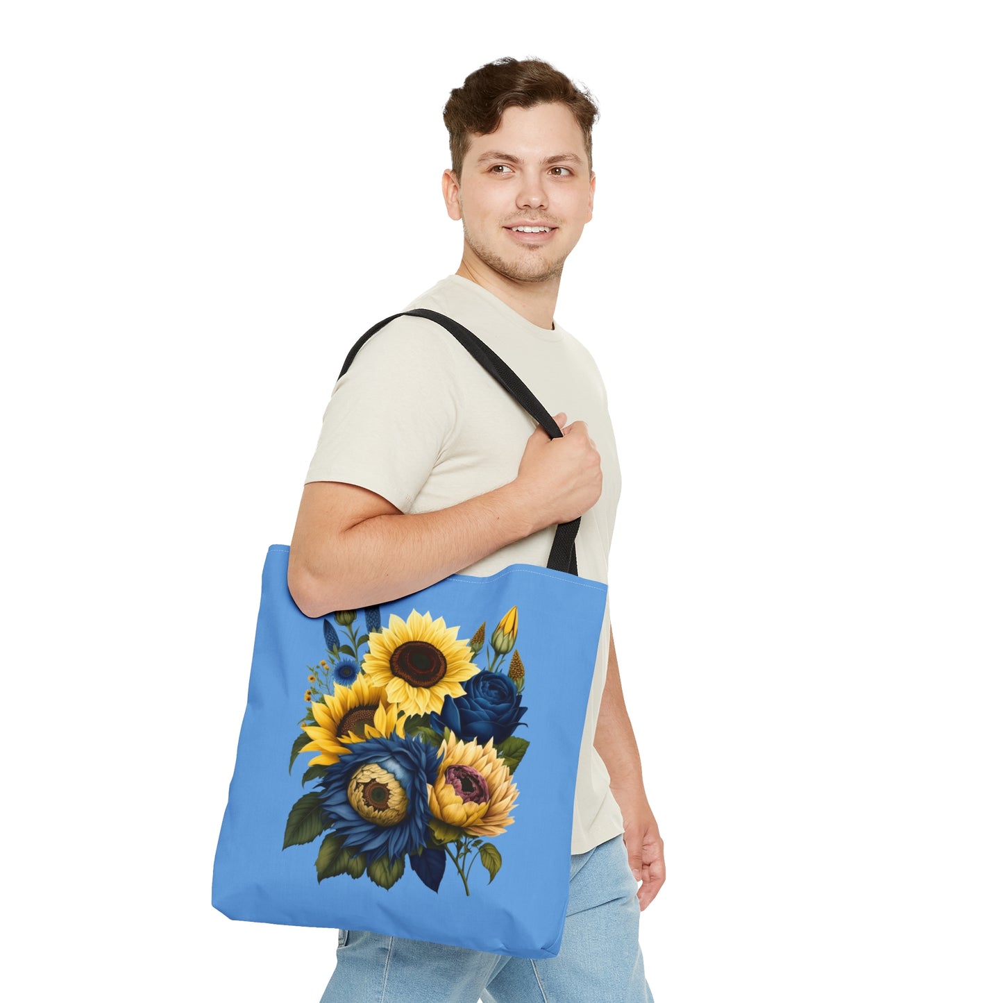 Sunflower Tote Bag, colorful sunflowers, blue and yellow sunflower tote bag