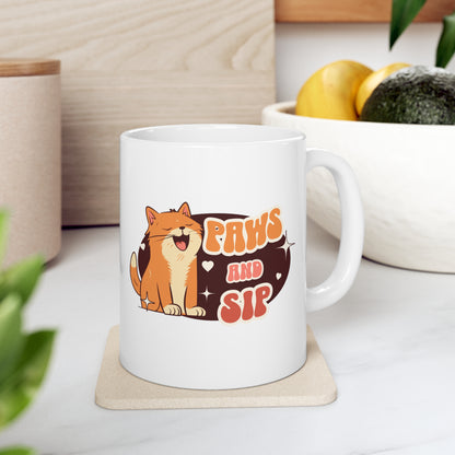 Paws and sip, cat mug, cat lover mug, Ceramic Mug 11oz