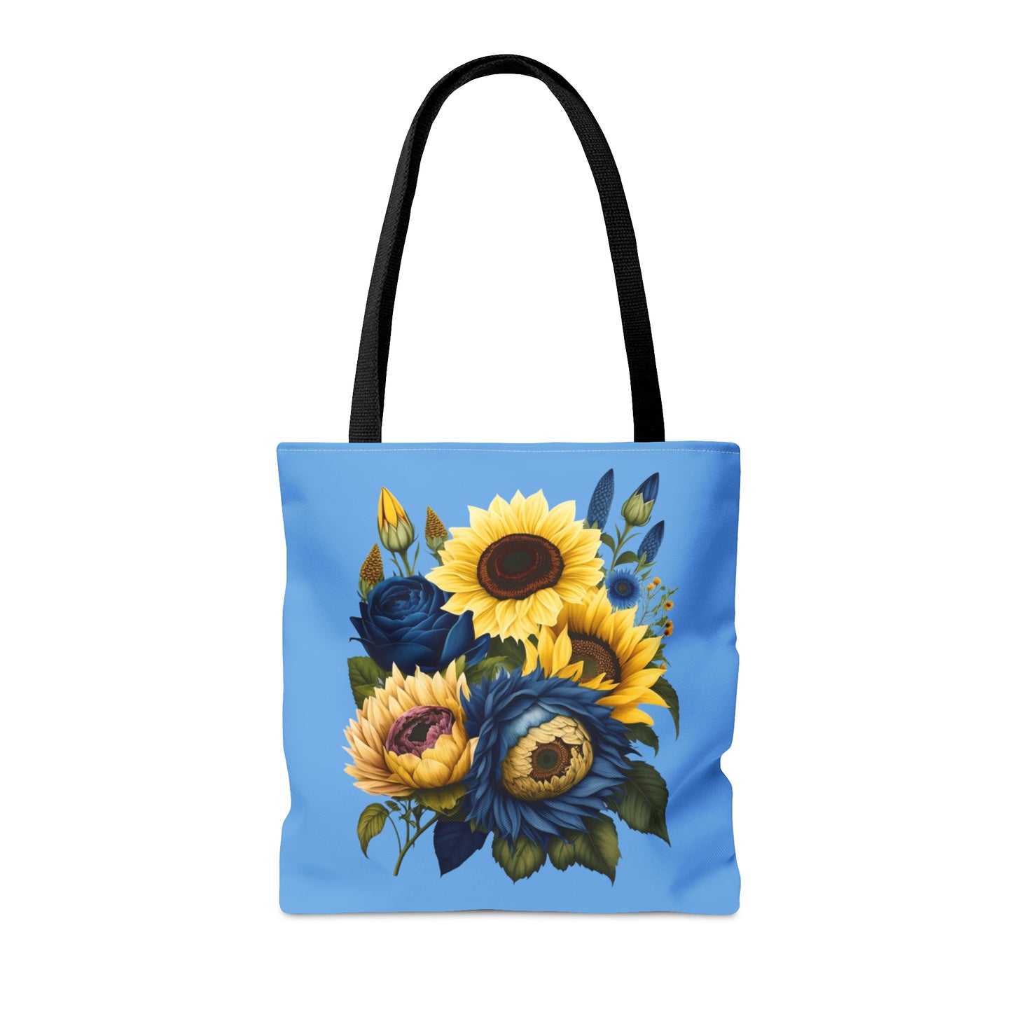 Sunflower Tote Bag, colorful sunflowers, blue and yellow sunflower tote bag