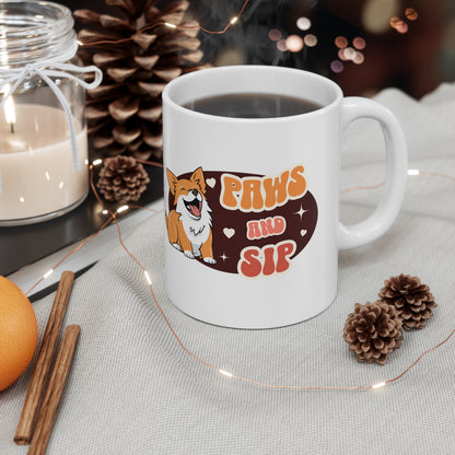 Paws and sip, corgi mug, dog lover mug, Ceramic Mug 11oz