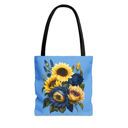 Sunflower Tote Bag, colorful sunflowers, blue and yellow sunflower tote bag