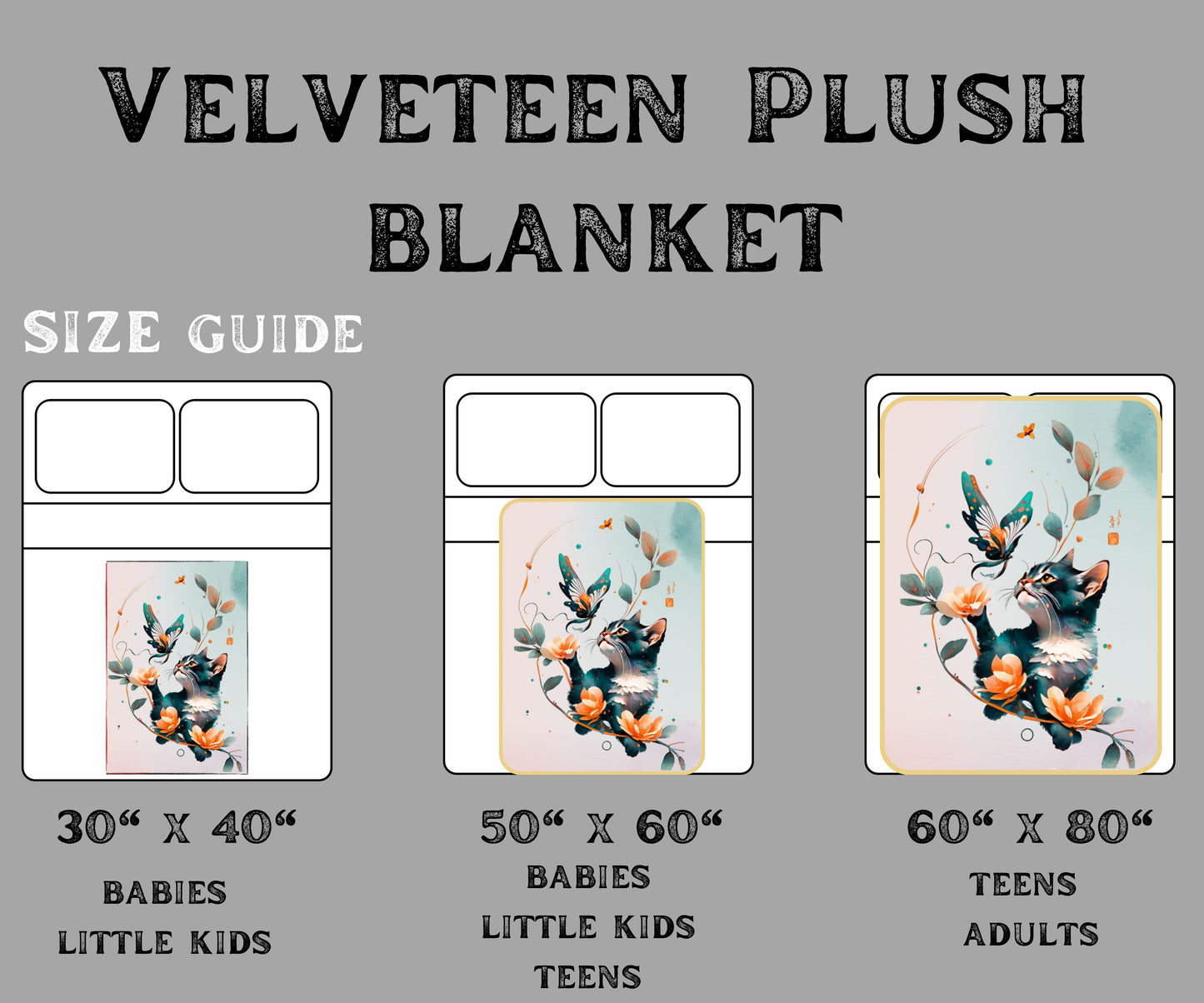 Cat Velveteen Plush Blanket, Watercolor kitten blanket, floral cat and butterfly, 3d cat blanket, plush blanket